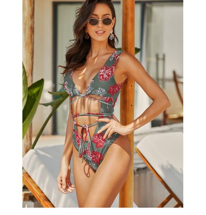 Floral Print Bandage Tie Hollow One-piece Swimsuit NSFPP120417