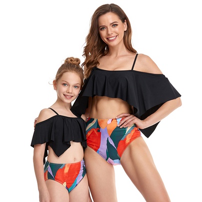 Lotus Leaf Sling Word-neck Color-matching Print Parent-child Tankini Two-piece Swimsuit  NSHYU121361