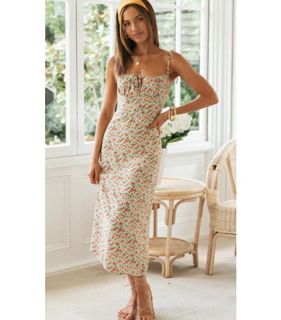 Floral Print Square Neck Backless Lace-up Sling Long Dress  NSCXY121960