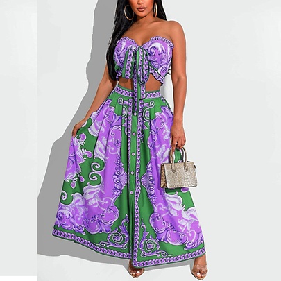 Summer Printing Wrap Chest Lace-up Top And High-waist Skirt Two-piece Set NSJZC123745