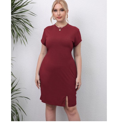Plus Size Round Neck Short Sleeve Small Slit Slim Solid Color Dress NSOY125562