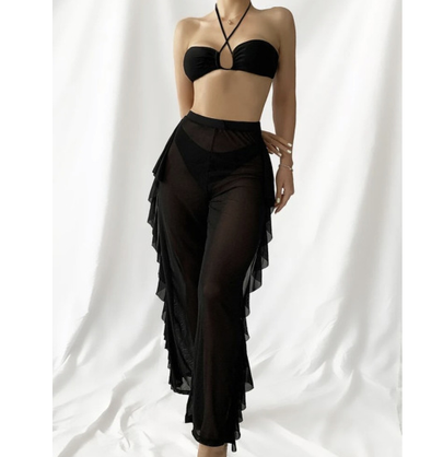 Hanging Neck Wrap Chest High Waist Ruffle Solid Color See-through Bikini Three-piece Set NSCSY123264
