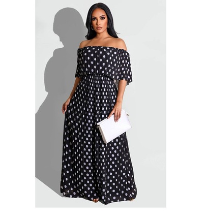 One-word Shoulder Slim Long Polka Dot Print Chiffon Dress NSSME129736