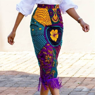 High Waist Ethnic Style Print Stitching Tassel Sheath Skirt NSKNE130089