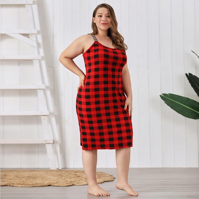 Plus Size Suspender Slim Plaid Nightdress-Can Be Worn Outside NSWFC130335