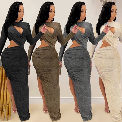 Women's Irregular Skirt Sexy Round Neck Splicing Long Sleeve Solid Color Maxi Long Dress Holiday Daily