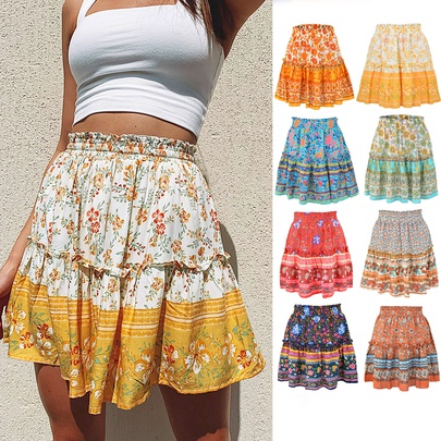 Summer Bohemian Flower Cotton Blend Polyester Above Knee Skirts