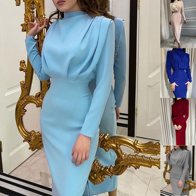 Women's Pencil Skirt Fashion High Neck Printing Patchwork Long Sleeve Solid Color Maxi Long Dress Street