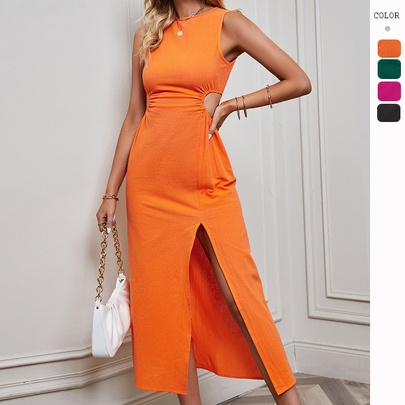 Women's Sheath Dress Sexy Round Neck Slit Patchwork Hollow Out Sleeveless Solid Color Midi Dress Daily