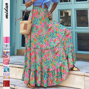 Spring Autumn Vintage Style Bohemian Printing Flower Polyester Maxi Long Dress Skirts