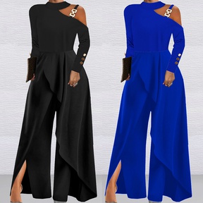 Women's Daily Street Simple Style Solid Color Full Length Button Ruffles Hollow Out Jumpsuits