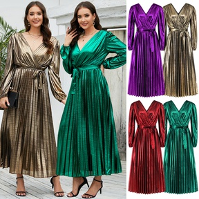 Women's Regular Dress Simple Style V Neck Belt Pleated Long Sleeve Solid Color Maxi Long Dress Party