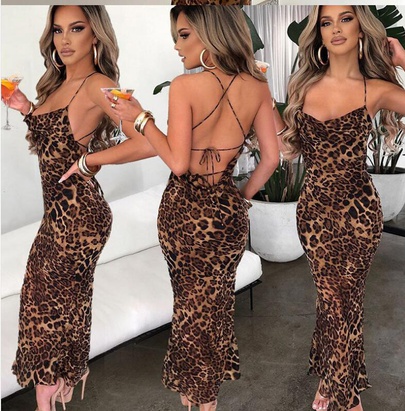 Women's Strap Dress Casual Sexy Strap Hollow Out Backless Sleeveless Leopard Maxi Long Dress Daily
