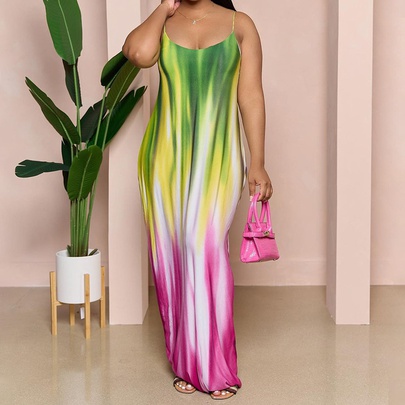 Women's Strap Dress Sexy Printing Sleeveless Color Block Maxi Long Dress Daily