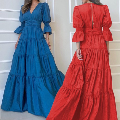 Women's Swing Dress Elegant V Neck Button 3/4 Length Sleeve Solid Color Maxi Long Dress Banquet