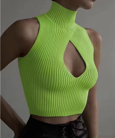 Sexy Solid Color Turtleneck Sleeveless Vest