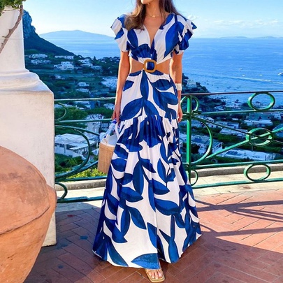 Women's Swing Dress Vacation Sexy V Neck Printing Short Sleeve Leaf Maxi Long Dress Holiday Travel