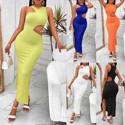 Women's Sheath Dress Sexy Round Neck Hollow Out Sleeveless Solid Color Maxi Long Dress Daily Street