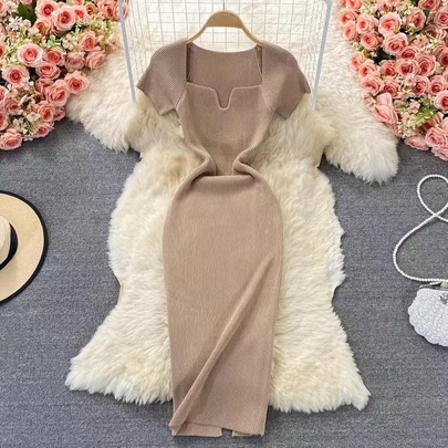 Women's Sheath Dress Slit Dress Casual Square Neck Short Sleeve Solid Color Maxi Long Dress Daily