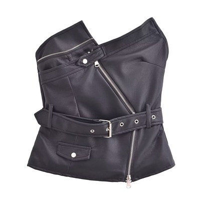 Women's Leather Jacket Tank Tops Asymmetrical Belt Sexy Solid Color