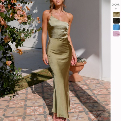 Women's One Shoulder Dress Elegant Sexy Strap Asymmetrical Sleeveless Solid Color Maxi Long Dress Holiday Banquet