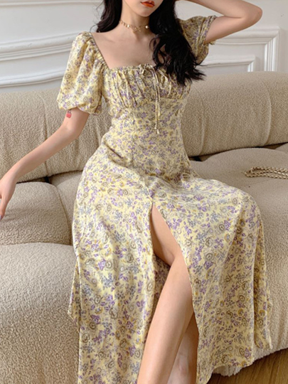 Women's Slit Dress Casual Square Neck Thigh Slit Short Sleeve Ditsy Floral Maxi Long Dress Daily