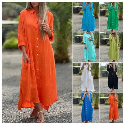 Women's Regular Dress Vacation Turndown Button Long Sleeve Solid Color Maxi Long Dress Daily