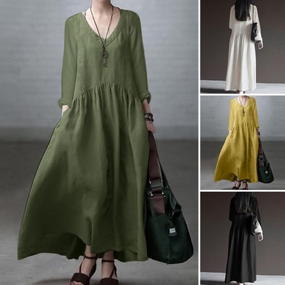 Women's Regular Dress Simple Style V Neck Pocket Long Sleeve Solid Color Maxi Long Dress Daily