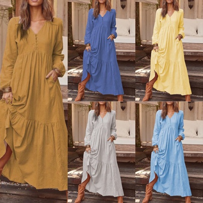 Women's Regular Dress Simple Style Round Neck Long Sleeve Solid Color Maxi Long Dress Daily