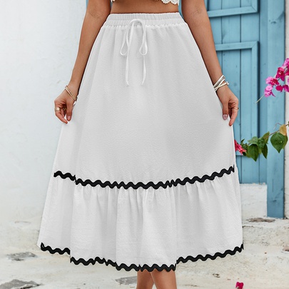 Summer Spring Preppy Style Solid Color Polyester Maxi Long Dress Skirts