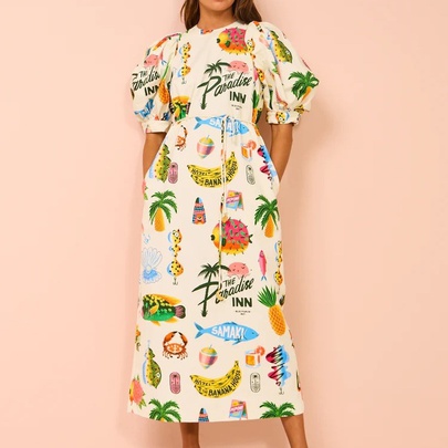 Women's Regular Dress Vacation Round Neck Printing Short Sleeve Letter Coconut Tree Fish Midi Dress Holiday Beach