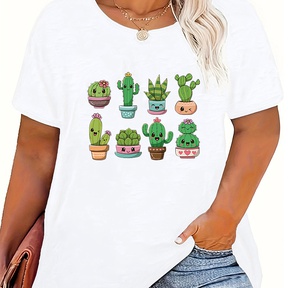 T-shirt Short Sleeve Plus Size Tops Printing Simple Style Cactus Letter