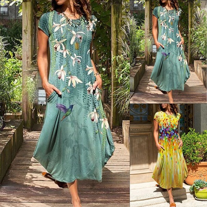 Women's Regular Dress Streetwear Round Neck Printing Short Sleeve Flower Midi Dress Holiday Daily