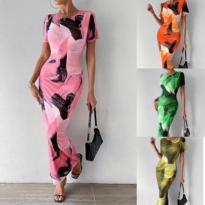 Women's Sheath Dress Vacation Round Neck Printing Short Sleeve Color Block Maxi Long Dress Holiday Daily