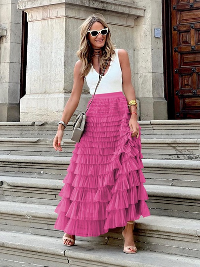 Summer Streetwear Solid Color Polyester Maxi Long Dress Skirts