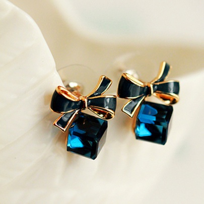 Fashion Korean Bowknot Cube Crystal All-match Earrings Jewelry