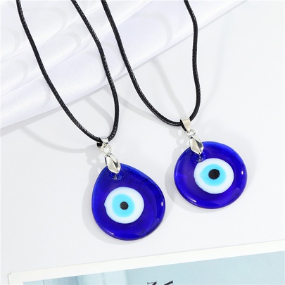 Vintage Blue Devil's Eye Glass Pendant Necklace Water Drop Round Turkish Eyes Leather String Necklace Women