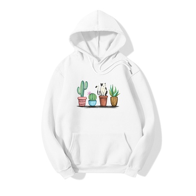 Hooded Cat Plant Pop-print Long-sleeved Fleece Sweatshirt
