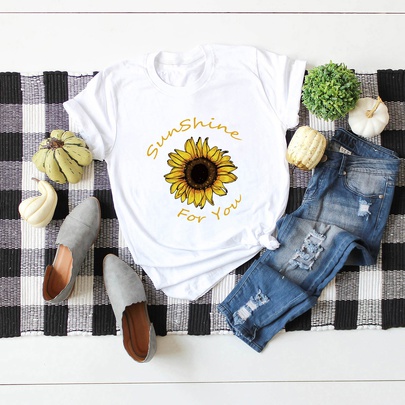 Solid Color Letter Sunflower Cotton T-shirt