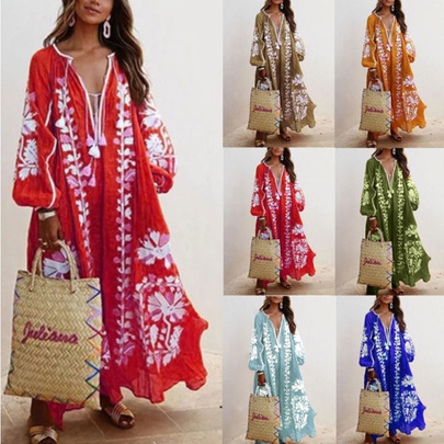 Women's Boho Dress Fashion V Neck Long Sleeve Flower Midi Dress Home Travel Beach