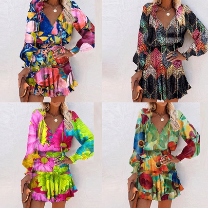 Wholesale V-neck Splicing Ruffled Colorful Flower Print Long-sleeved Short Dress Nihaojewelry