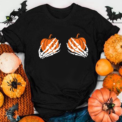 Women's T-shirt Short Sleeve Printing Casual Pumpkin Hand Bone