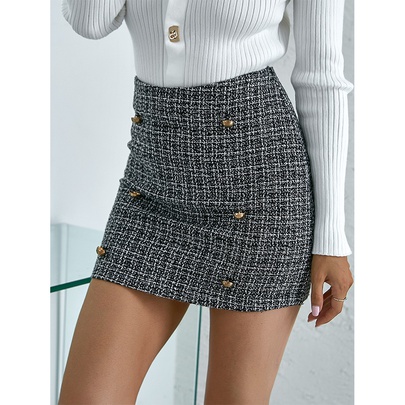 European And American Women's British Plaid Pleated Striped Button Skirt
