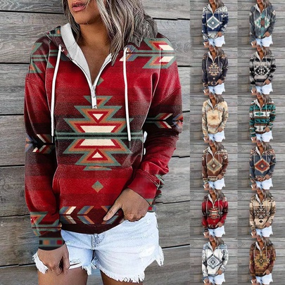 Women's Hoodie Long Sleeve Hoodies & Sweatshirts Printing Zipper Bohemian Geometric