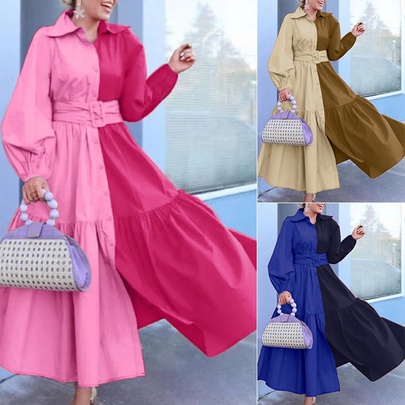 Women's Shirt Dress Fashion Turndown Patchwork Long Sleeve Color Block Maxi Long Dress Outdoor