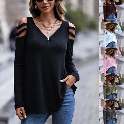 Women's T-shirt Long Sleeve Blouses Zipper Patchwork Fashion Solid Color