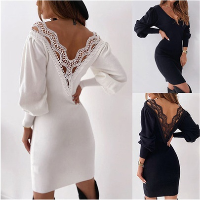 Women's Pencil Skirt Streetwear V Neck Patchwork Lace Long Sleeve Solid Color Above Knee Daily