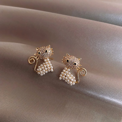 Cute Cat Alloy Inlay Artificial Pearls Rhinestones Women's Ear Studs 1 Pair