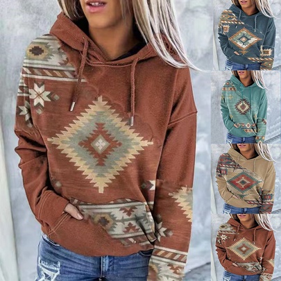 Women's Hoodie Long Sleeve Hoodies & Sweatshirts Printing Pocket Ethnic Style Argyle