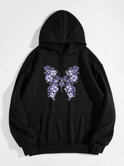 Women's Hoodie Long Sleeve Hoodies & Sweatshirts Printing Pocket Casual Flower Butterfly
